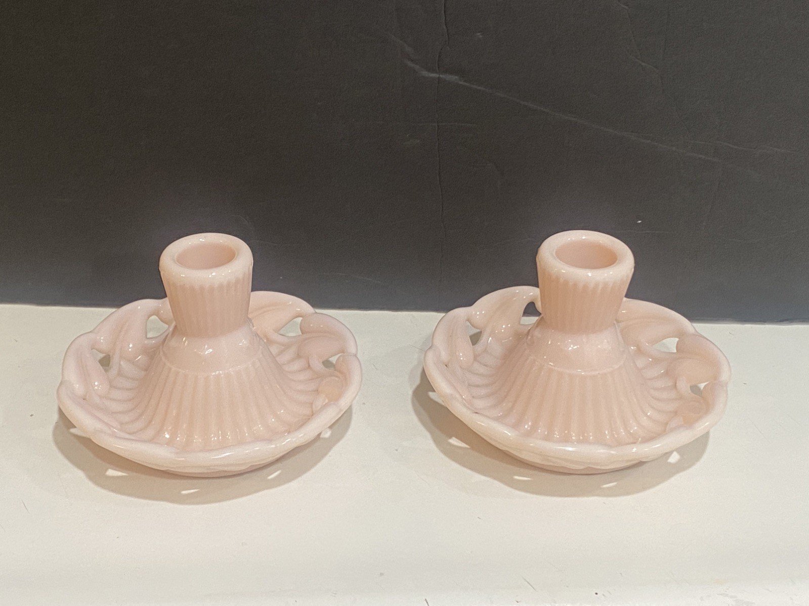 Pr. Vtg. FOSTORIA Betsy Ross 2620 Candlestick Candle Holders  PINK Milk Glass