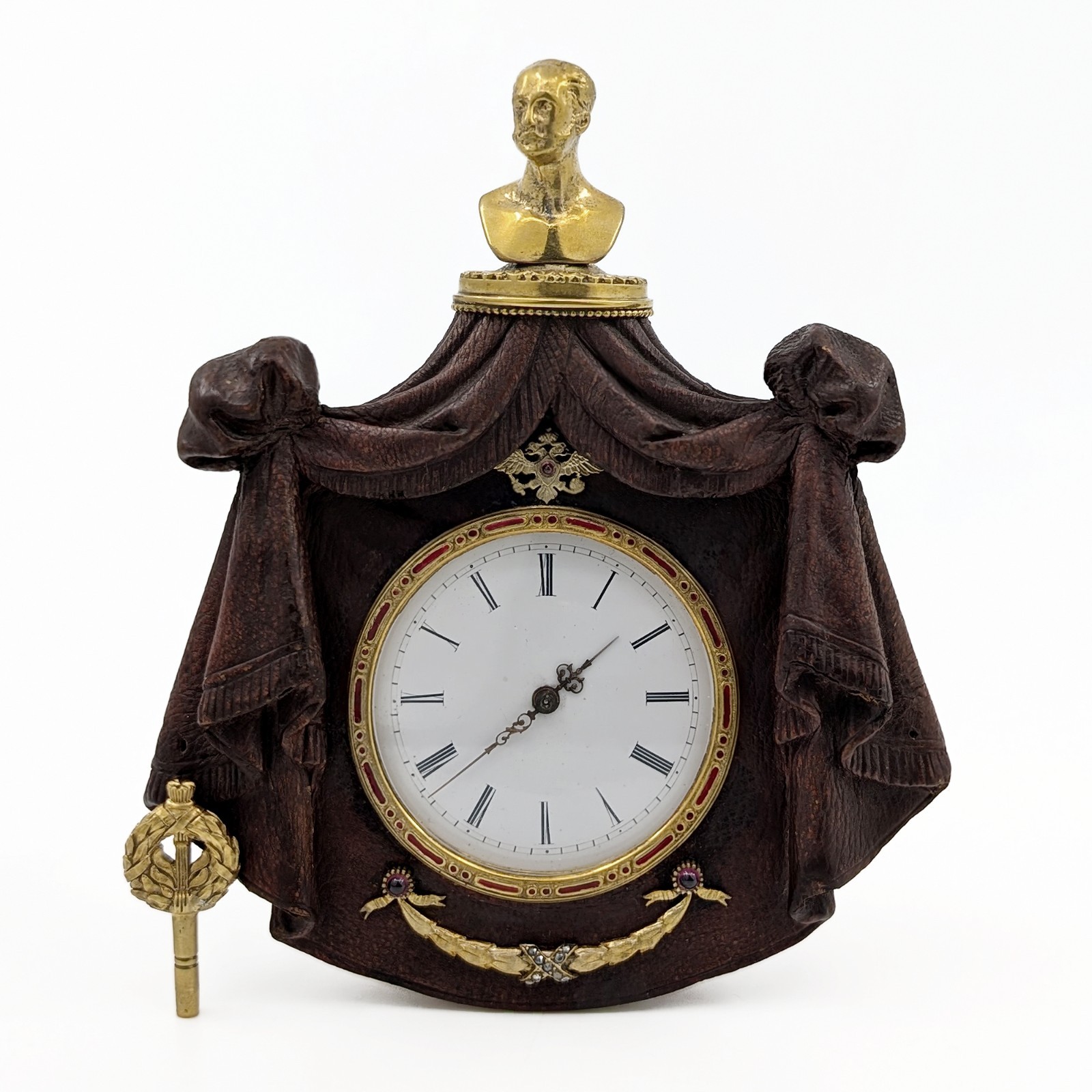 Antique Russian Desk Clock Gilt Silver Leather Nicholas I Bust 8-Day Enamel