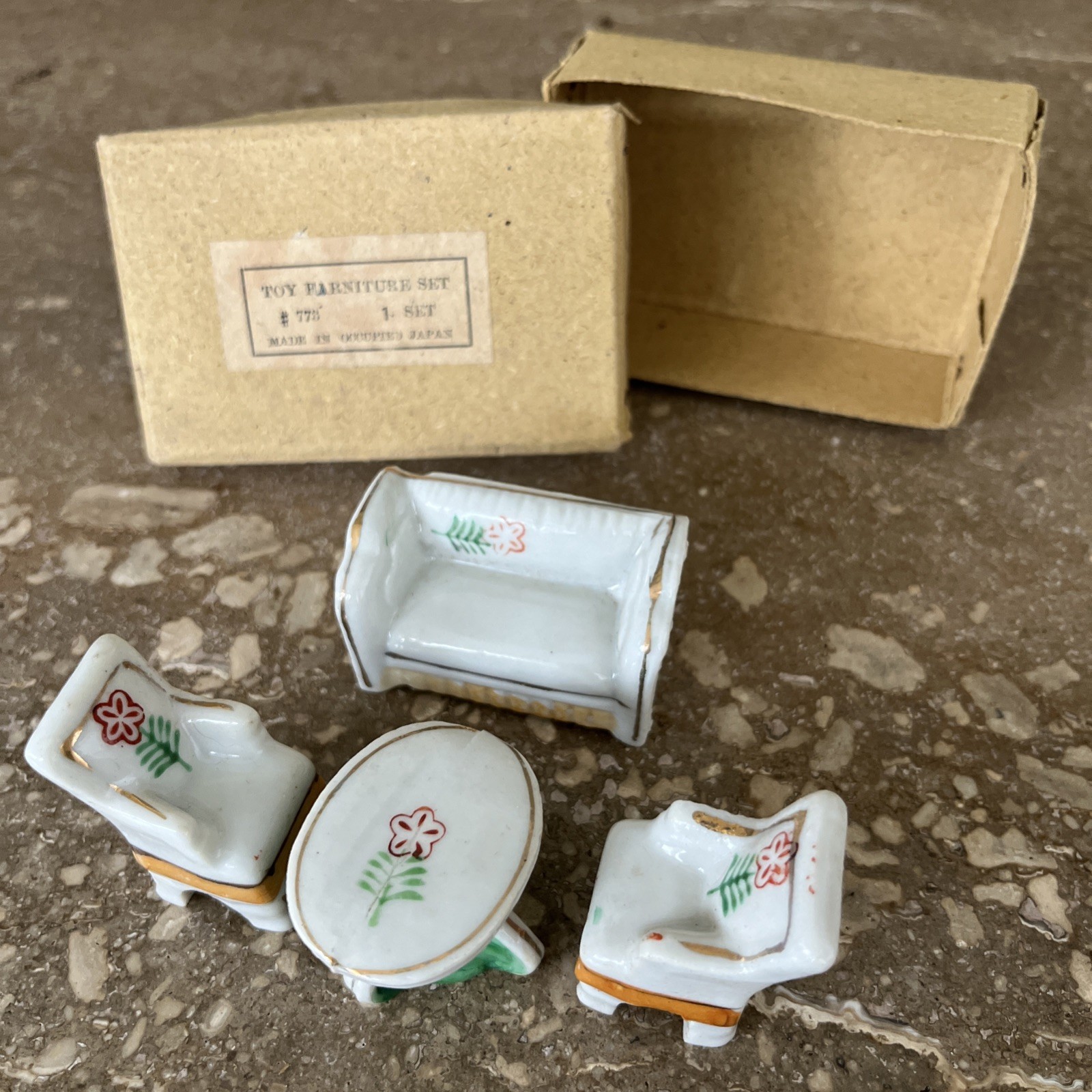 Occupied Japan Miniature Porcelain 4 Piece Parlor Set With Rare Original Box