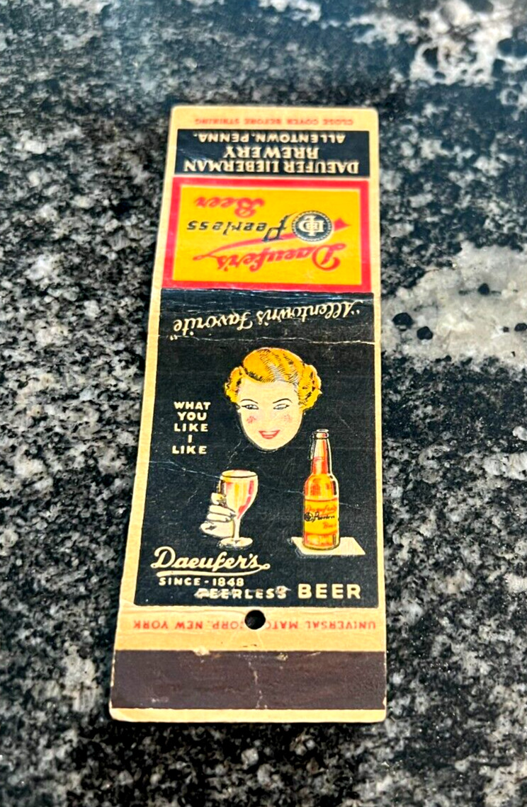 VINTAGE DAEUFER\'S BEER MATCHBOOK COVER DAEUFER LIEBERMAN BREWING CO ALLENTOWN PA