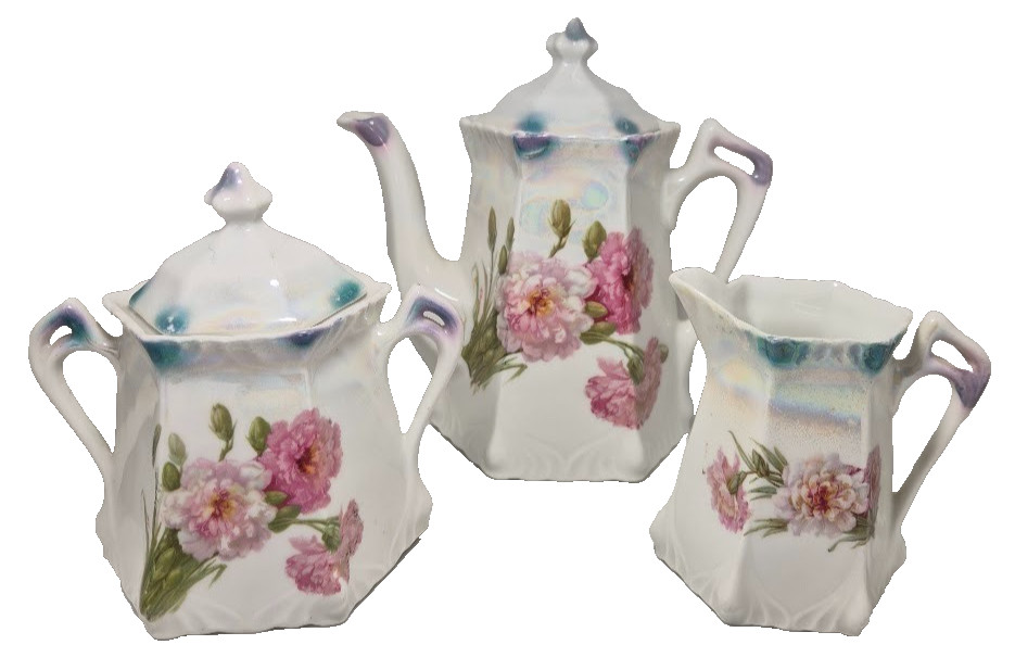 Obermann Germany Tea Set Vintage Porcelain Floral Lustre Teapot Sugar Creamer