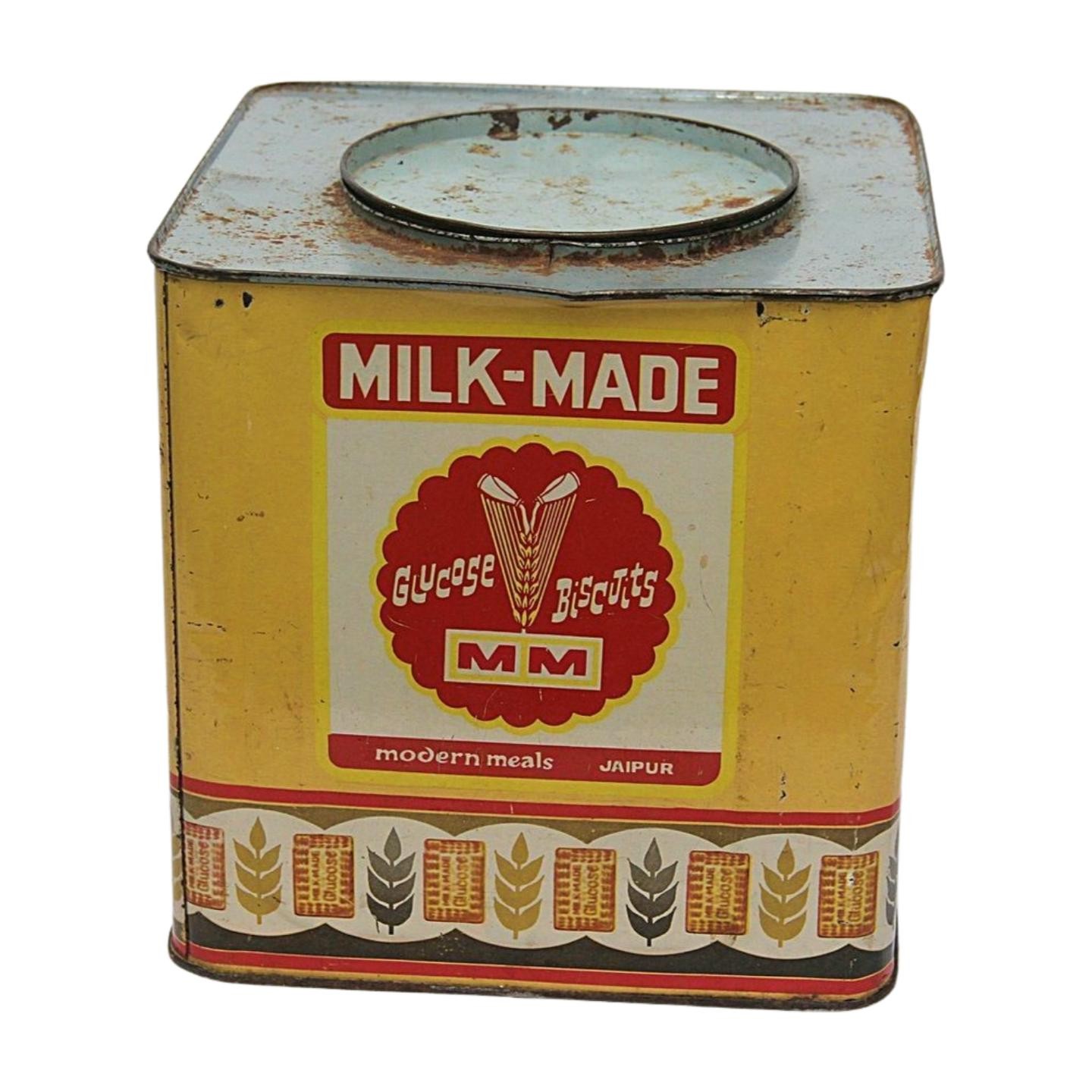 Vintage Milk-Made Biscuit Tin Box: Rare Indian Advertising Collectible