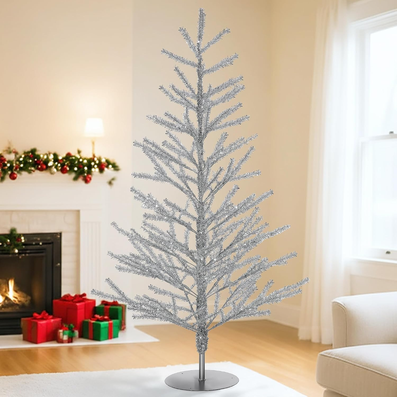 4Ft Tinsel Christmas Tree, Retro Aluminum Christmas Tree, Silver