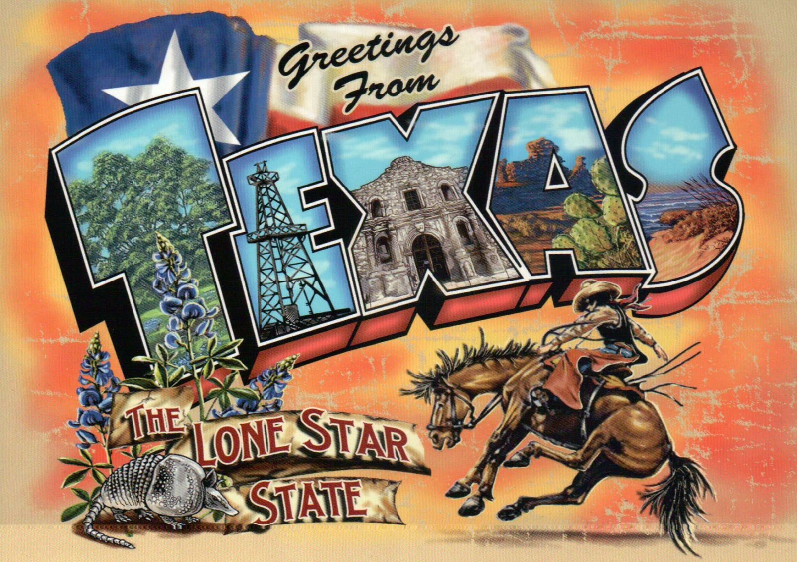 Greetings from Texas Flag Rodeo Horse The Alamo etc Modern Large Letter Postcard Greetings from Texas Flag Rodeo Horse The Alamo etc Modern Large Letter Postcard