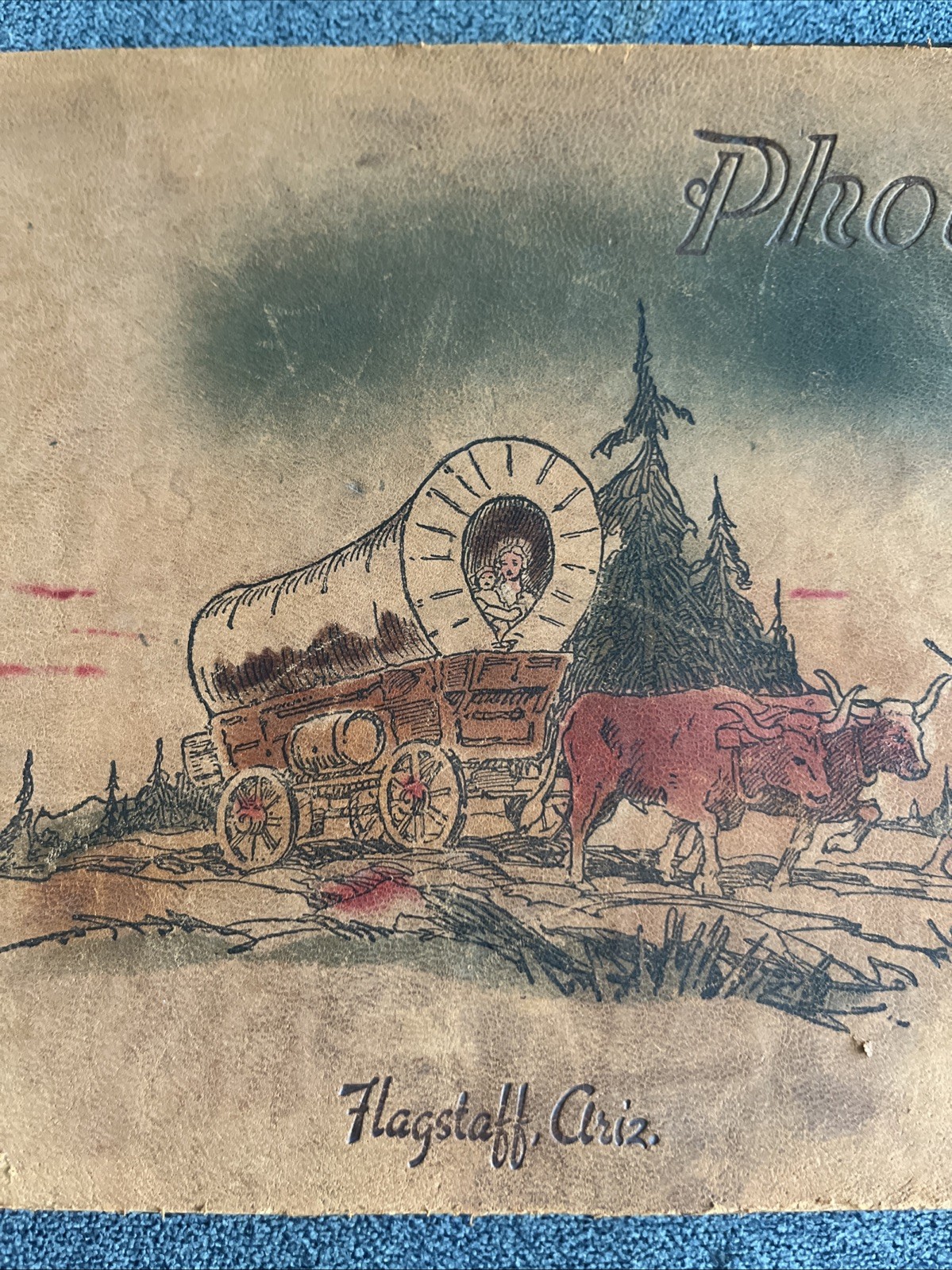 Vtg Handmade Leather Photo Album Covered Wagon, Settlers Flagstaff, Arizona