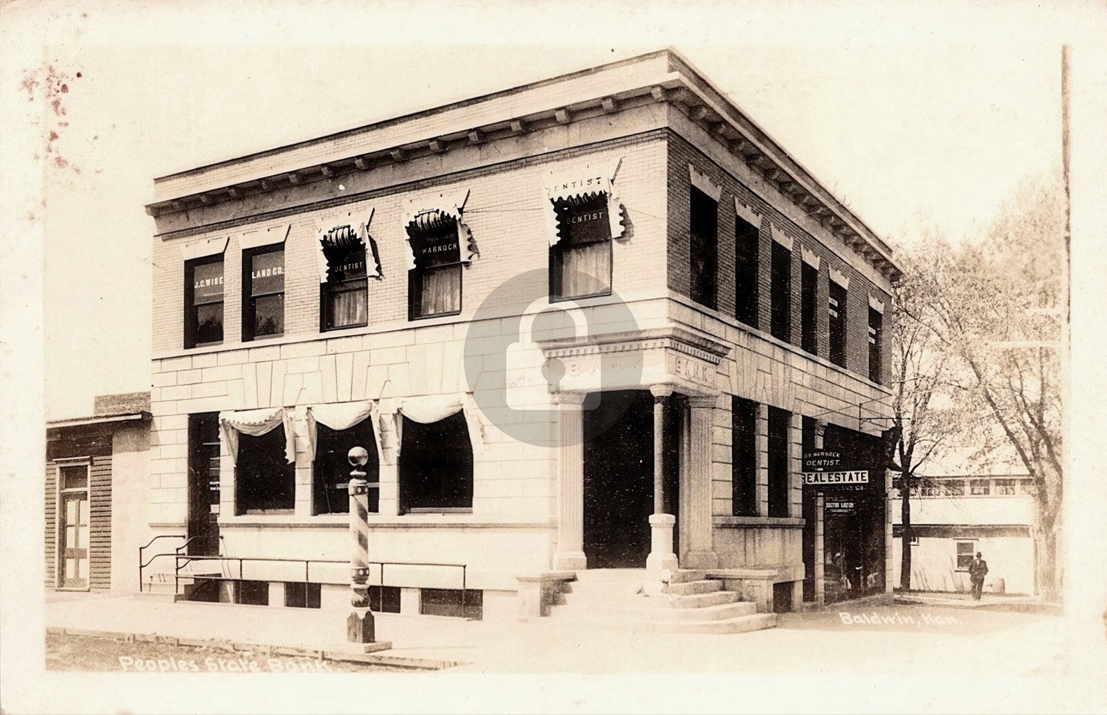 Baldwin KS People\'s State Bank Barber Pole Dentist St. View RPPC Postcard COPY