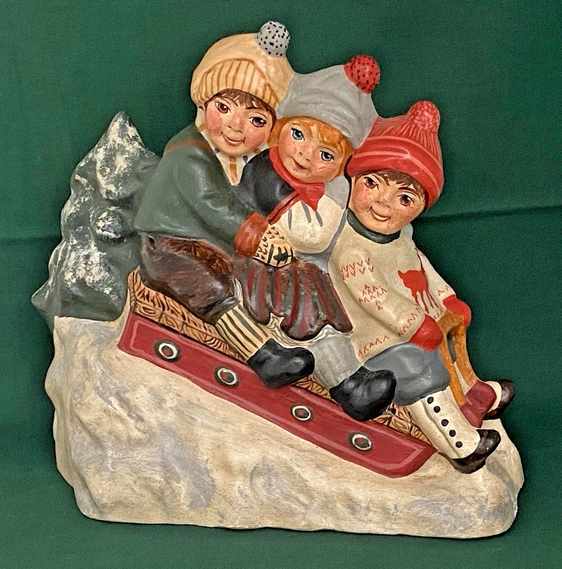 Vaillancourt Folk Art Three Children On A Sled Winter Figurine 1996 #67 RARE