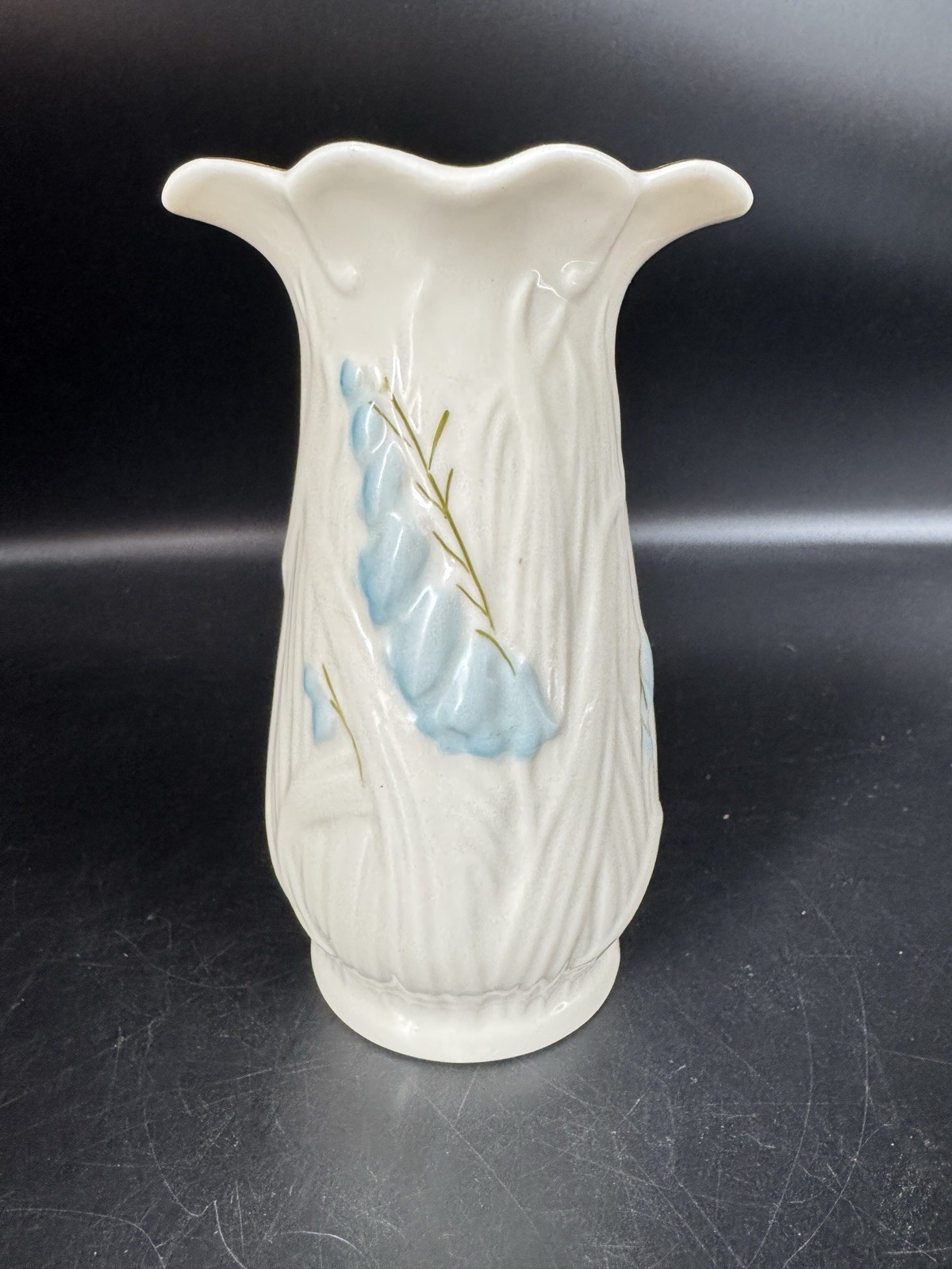 Vintage Belleek Ireland 6” Porcelain Vase Blue Floral Embossed Scalloped Rim