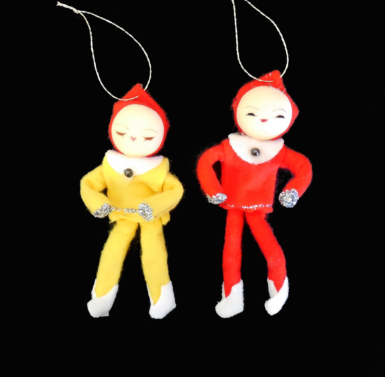 Vintage Felt Christmas Elf Pixie Ornaments 2 pc Lot 1950s Posable Stockinette