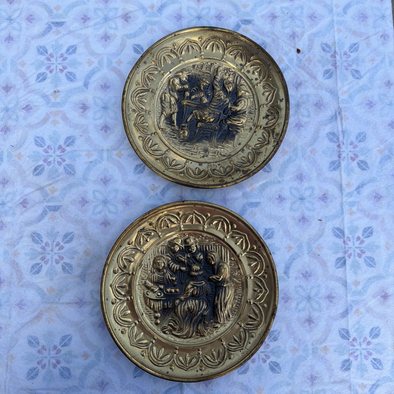Vintage pair of embossed, brass religious wall plaques, beautiful details Vintage pair of embossed, brass religious wall plaques, beautiful details
