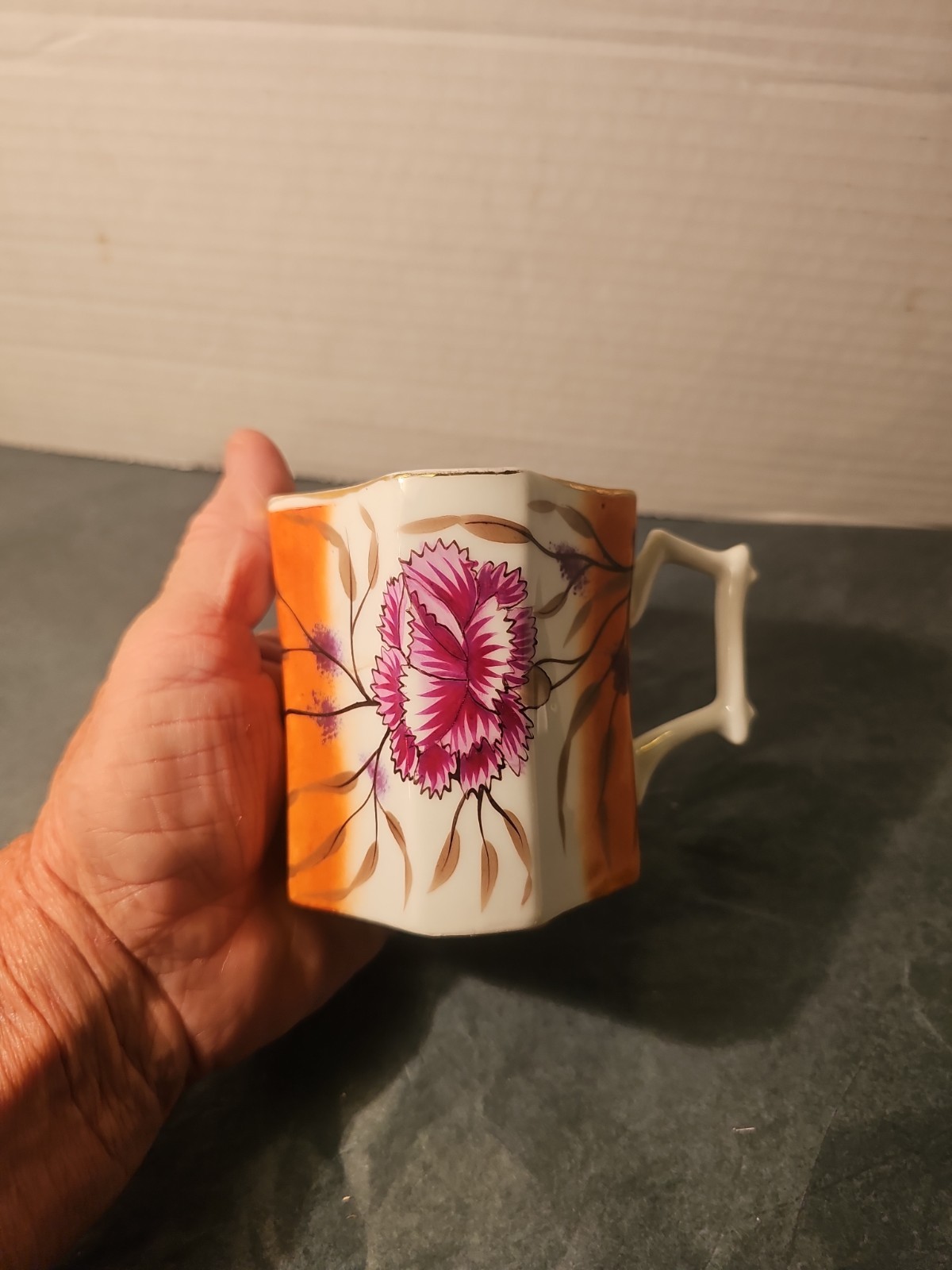 Vintage Porcelain Mustache Cup Mug Flowers Floral Gold Trim 