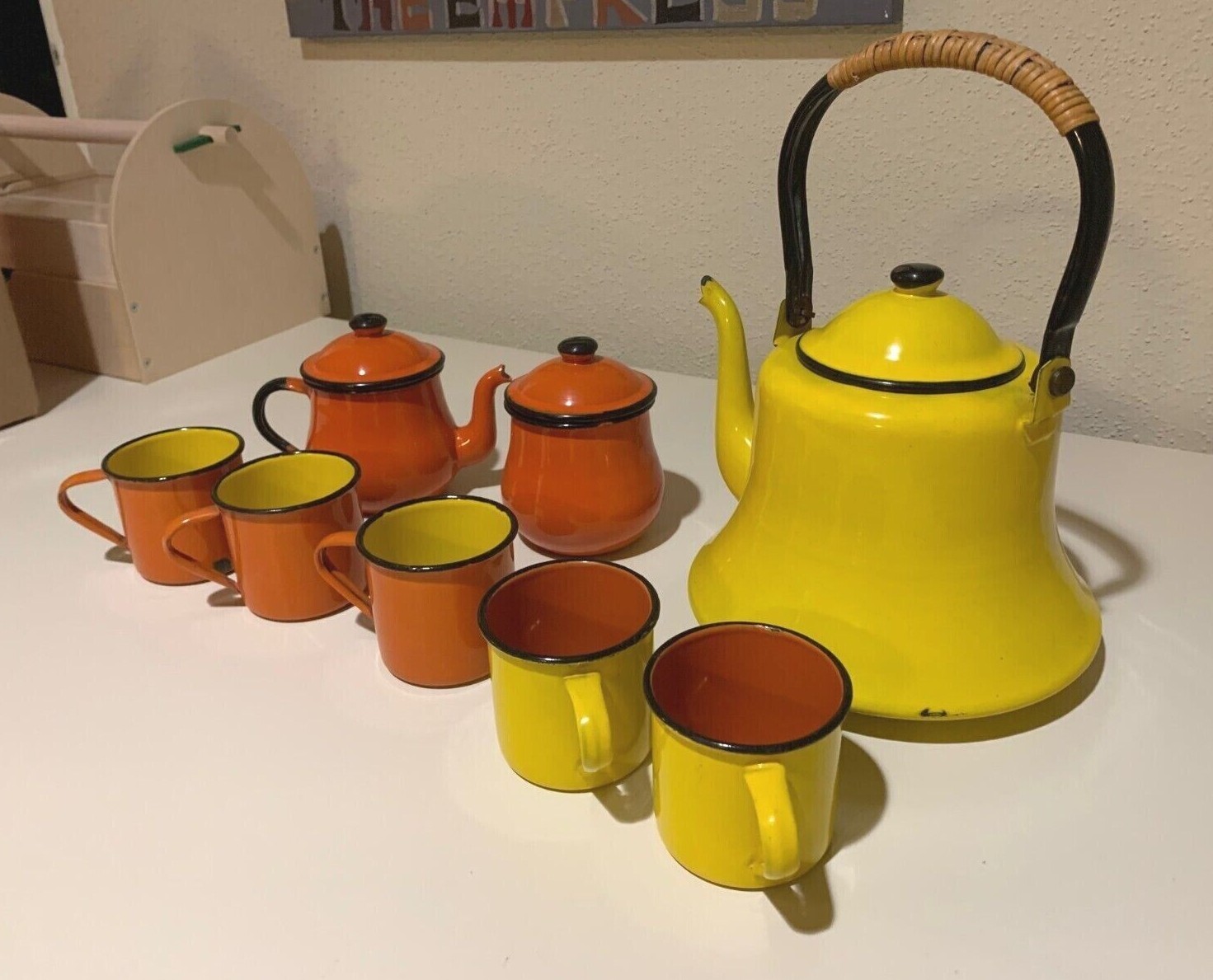 MCM Vintage Retro Laurids Lønborg Enamel Orange Yellow Coffee Tea  Set