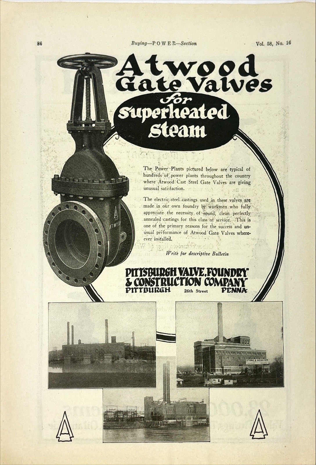 Pittsburgh Valve, Foundry & Construct Atwood Gate Valves 1923 Vintage Print Ad