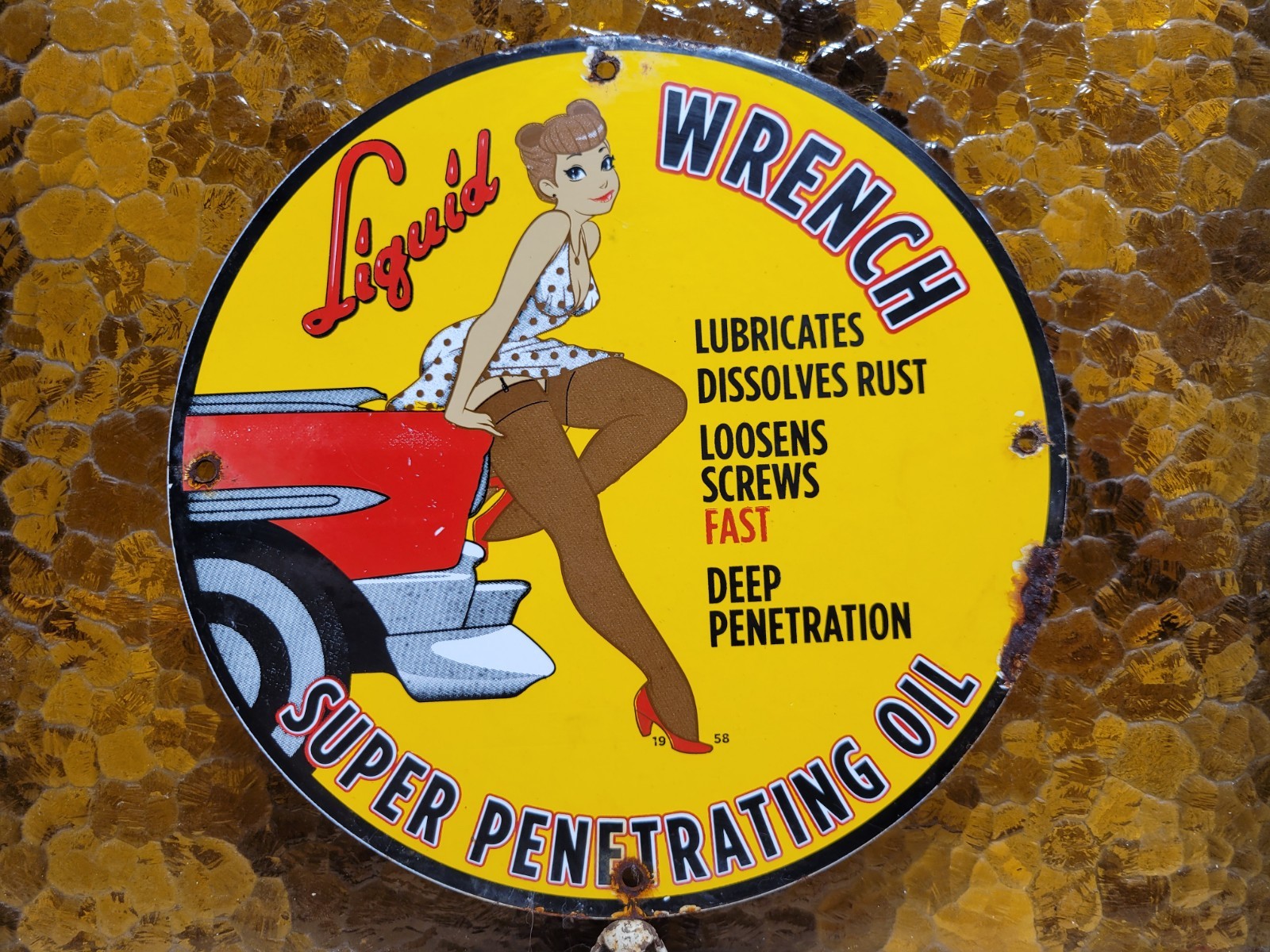 VINTAGE LIQUID WRENCH PORCELAIN SIGN GARAGE CAR TOOL LUBRICANT RUST WOMAN LADY