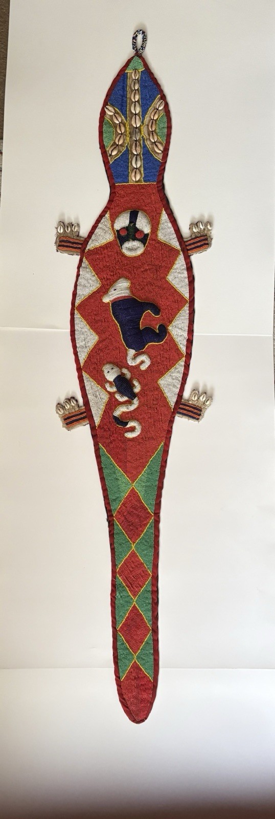 Vintage Nigerian Yoruba beaded lizard wall hanging 54” African ceremonial Sash