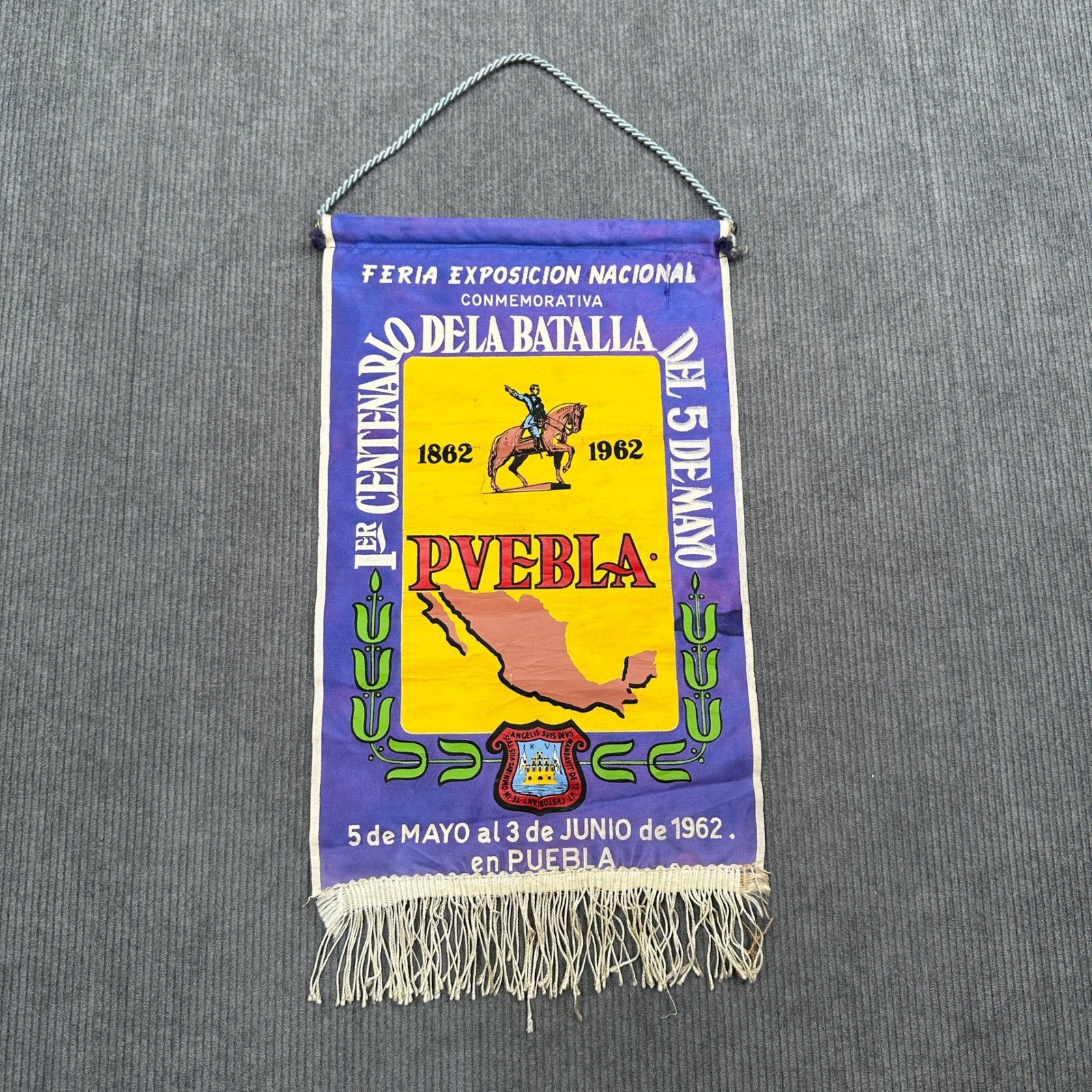 Vintage 1962 Battle of Puebla 1st Centenary Souvenir Banner Mexico Cinco de Mayo