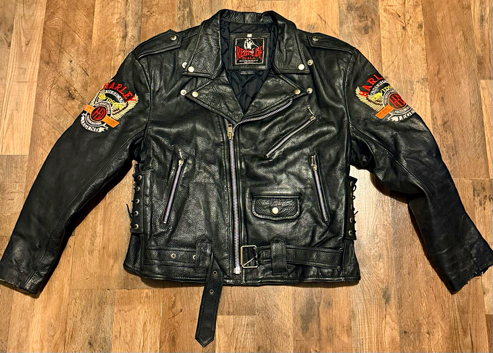 Harley-Davidson Black Leather Motorcycle Jacket Belt Lace Sides Vintage 