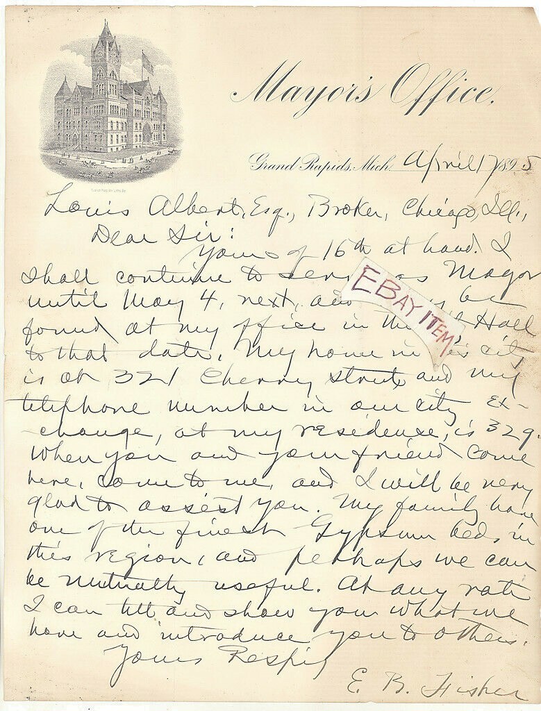 1895 GRAND RAPIDS MICHIGAN OfficeOf Mayor Ernest B Fisher KENT COUNTY COURTHOUSE