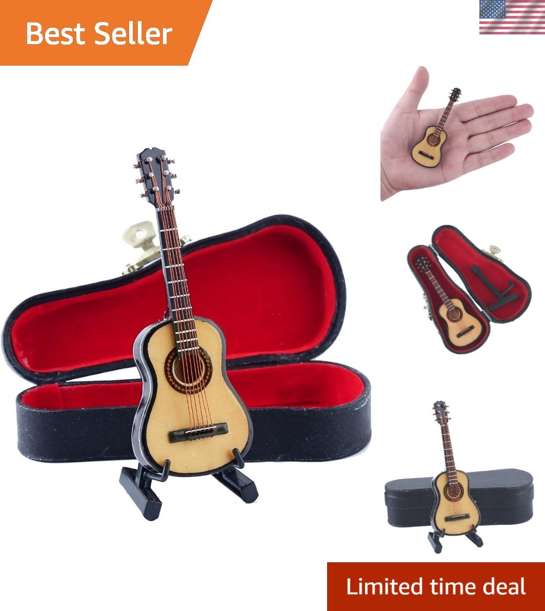 Wooden Miniature Guitar Replica with Stand and Case Home Sculpture Ornament