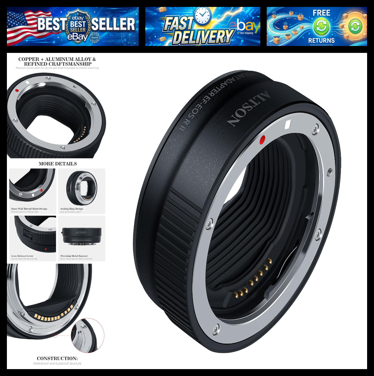 EF-EOS R Auto Focus Lens Mount Adapter, Compatible with Canon EF/EF-S Lenses for