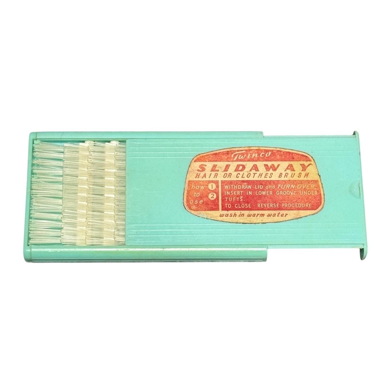 Twinco Slidaway Travel Hairbrush Retro Lint Roller Turquoise Brush 1950s Vintage