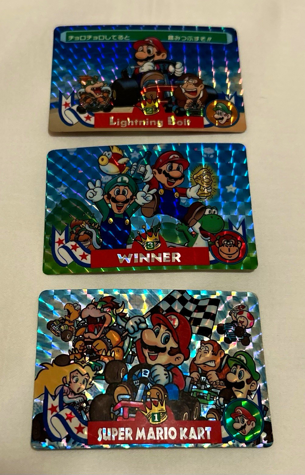 Bandai 1993 Super Mario Kart Japanese Hologram Trading Card set of 3