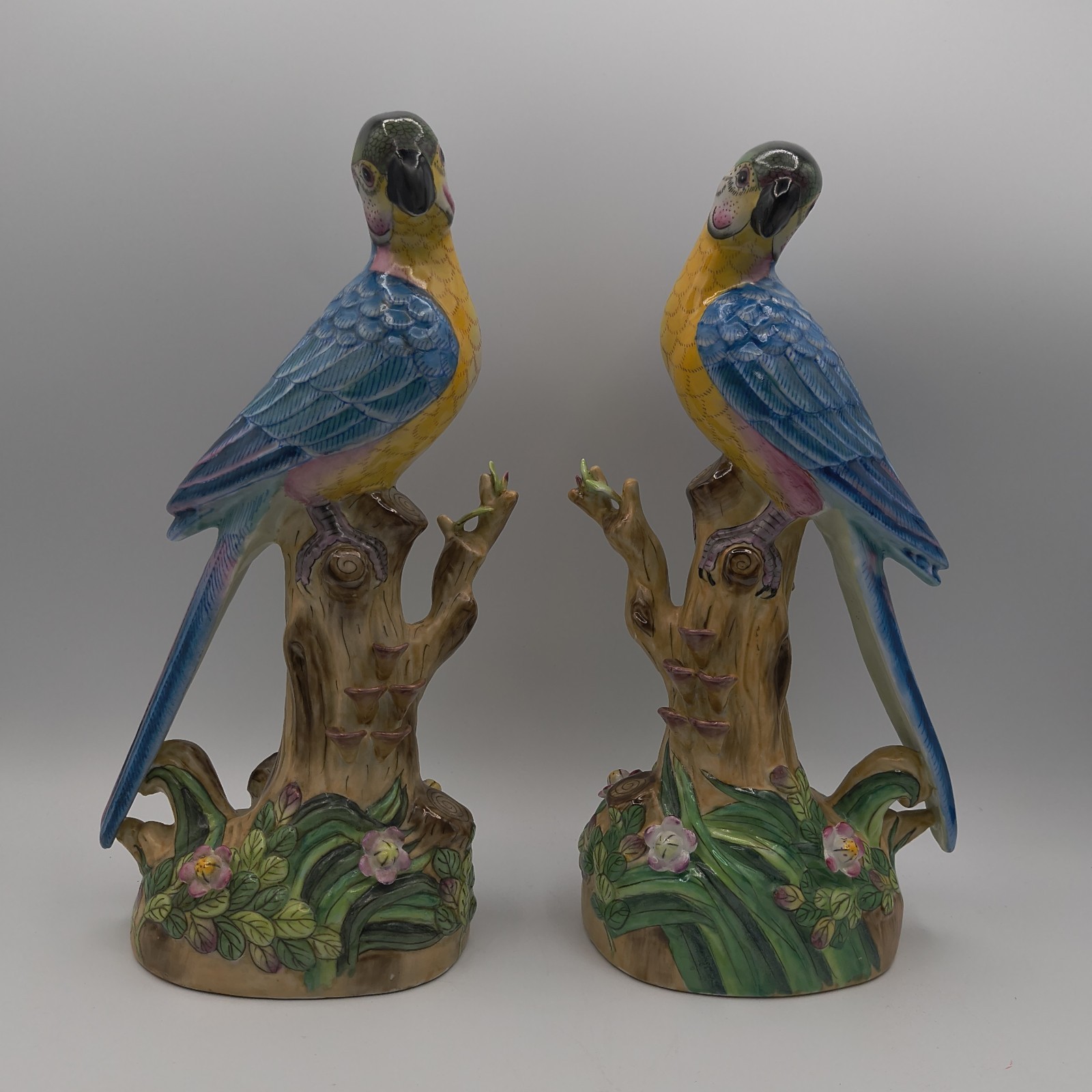 Andrea by Sadek 2 Blue/Yellow Parrots Birds Chinoiserie Porcelain Figurine 11.5\