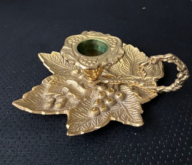 VTG Solid Brass Chamberstick Candle Holder Grape Leaf Cluster Design Loop Handle