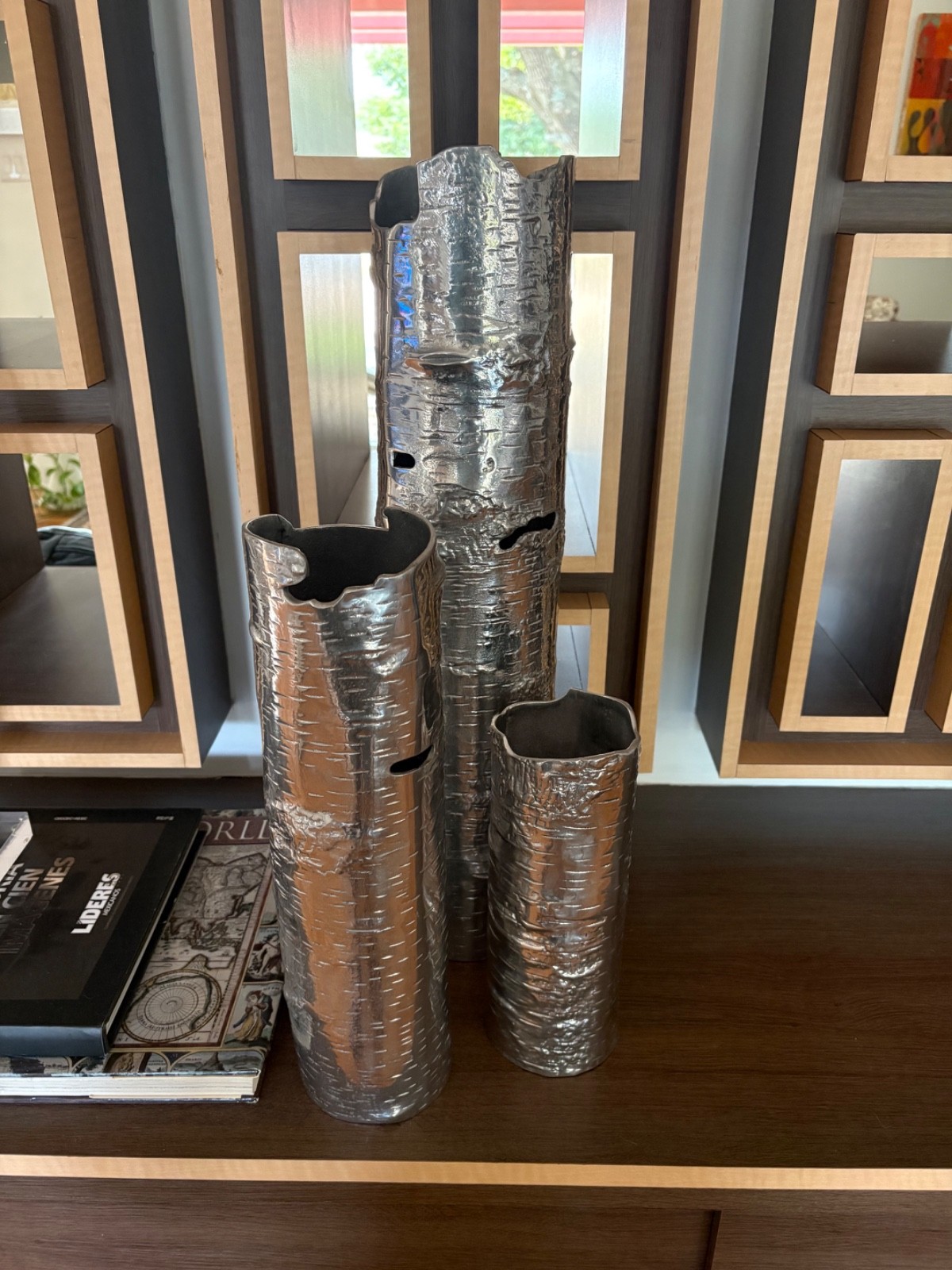 Rare Retired Michael Aram Aspen Bark Silver Chrome Metal 3-Piece Vase Set 