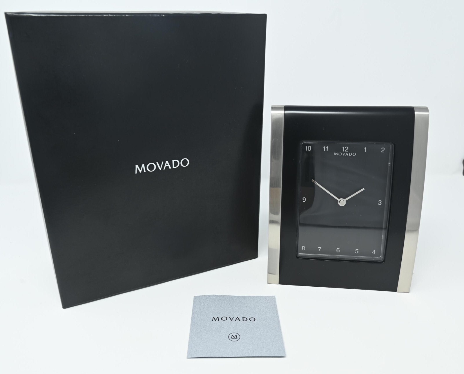 Movado Modern Black Stainless Steel Desk Clock New In Box NIB Quartz