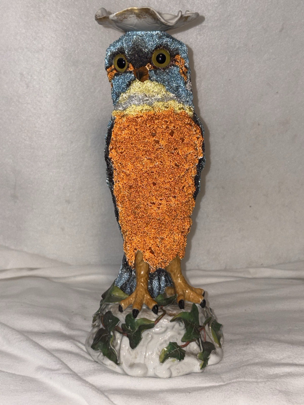 Antique 1890s Sitzendorf Porcelain Coralene Kingfisher Bird Oil Lamp Base 10.5