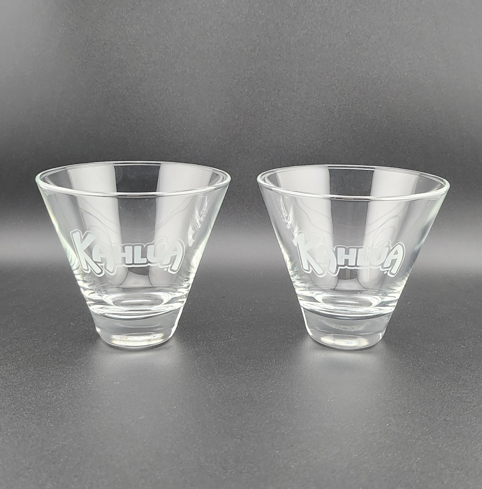 Set Of 2 Kahlua Stemless Martini Glasses Frosted Logo Tapered Shape 3 3/8” Tall