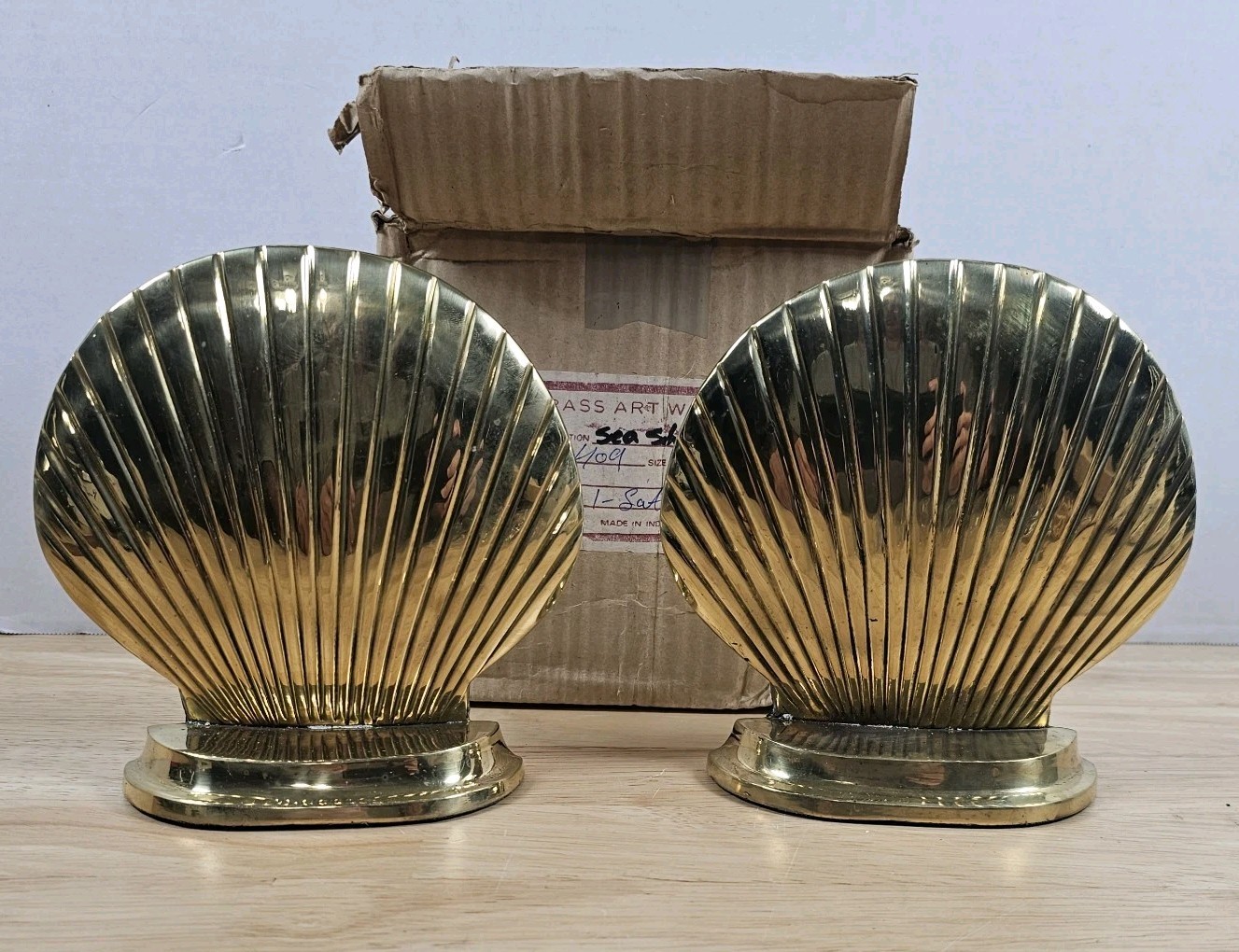 Vtg Brass Clam Shell Bookends Pair Scallop MCM Nautical Beach