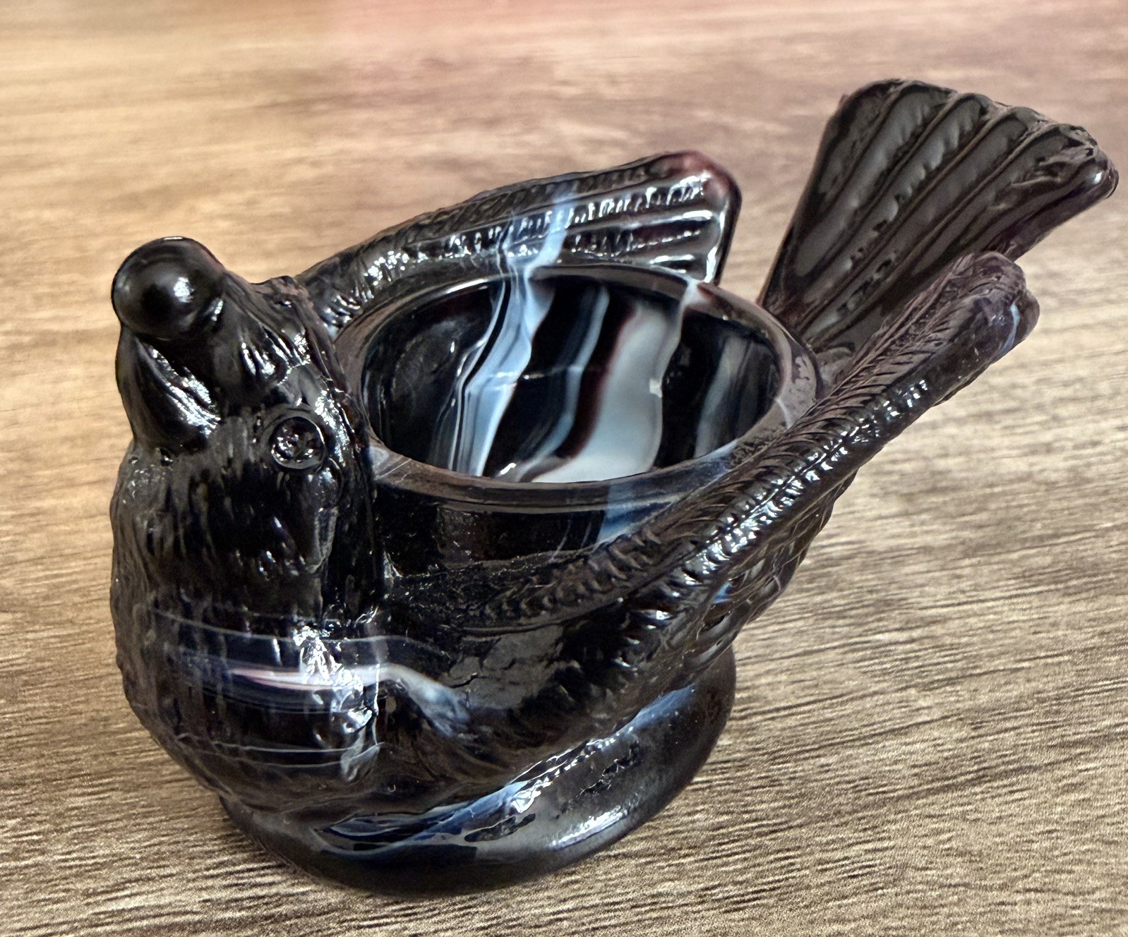 Degenhart Vintage Bird With Berry Open Salt Cellar  (Black) white/purple slag 
