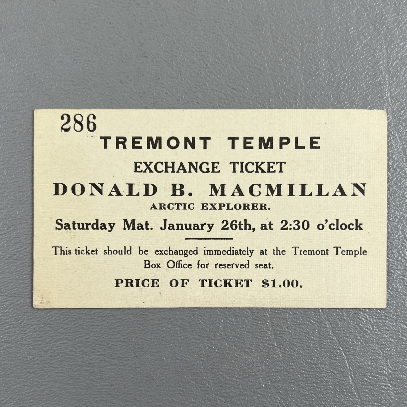 Vintage Tremont Temple Exchange Ticket Donald B MacMillan Arctic Explorer