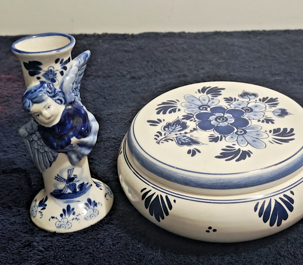 Vtg.  Hand-Painted Delft Dresser Jar & Candleholder Marked