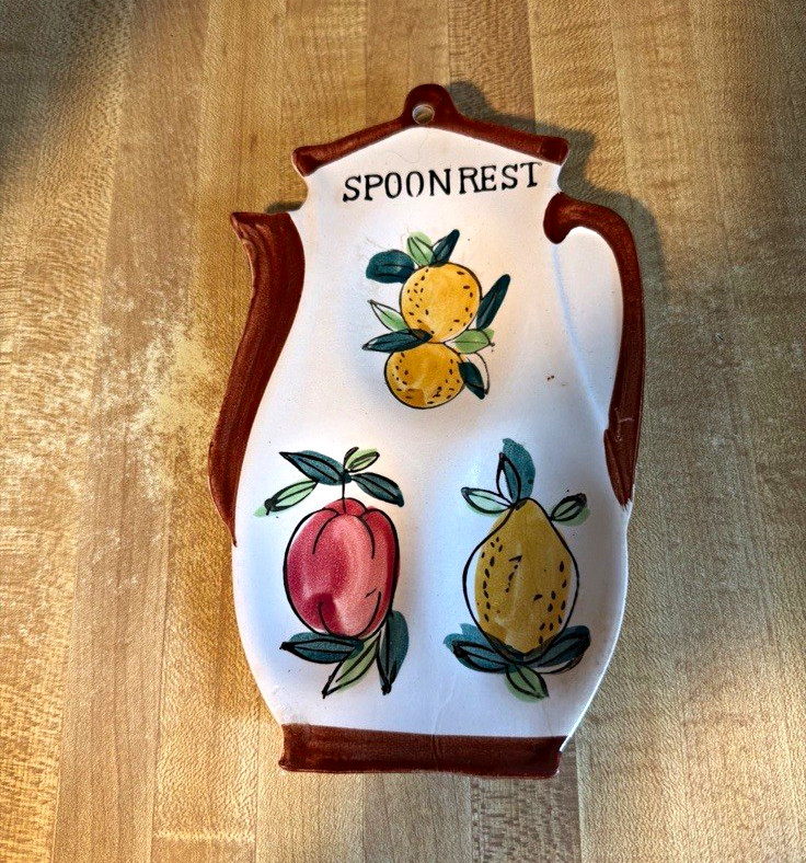 Vtg 60’s Ceramic Teapot Shape Spoon Rest Painted Fruit Motif Pattern 7x4