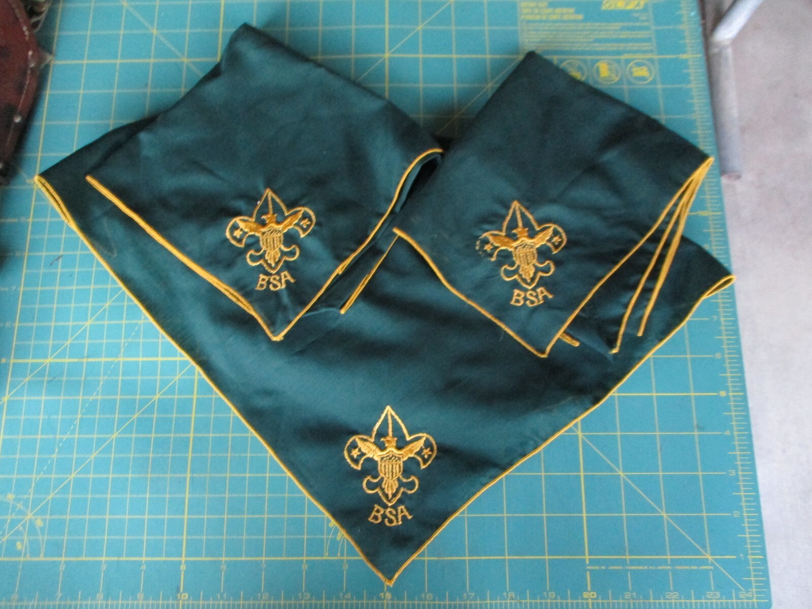 Vtg Boy Scouts, BSA Green Embroidered Neckerchief Lot, 3 Scarves