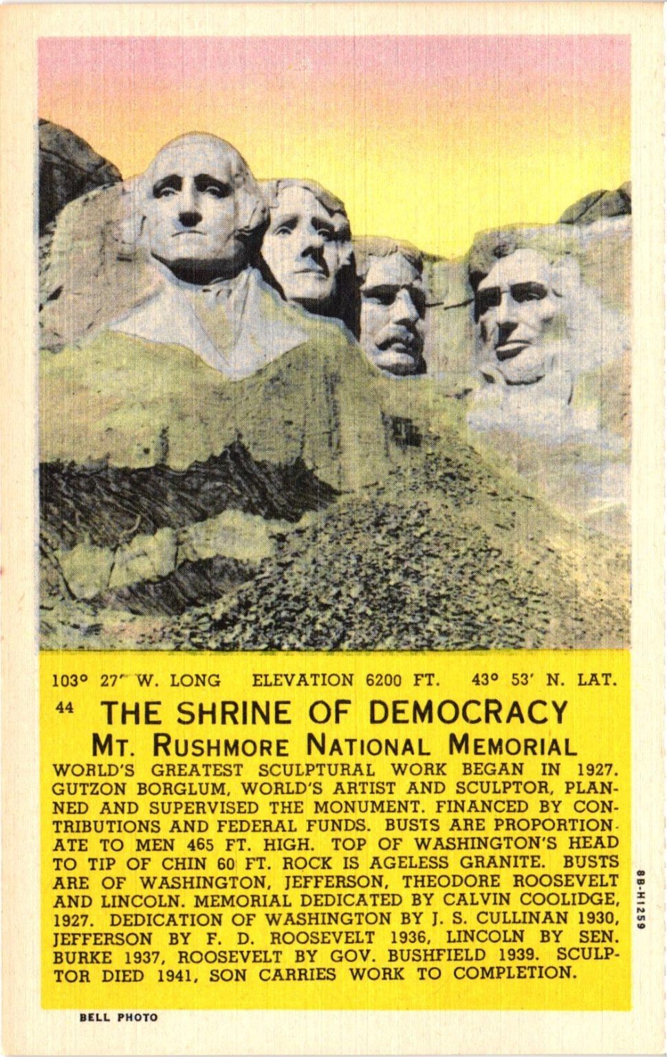 Mt Rushmore National Memorial Shrine of Democracy Postcard Bell Photo South