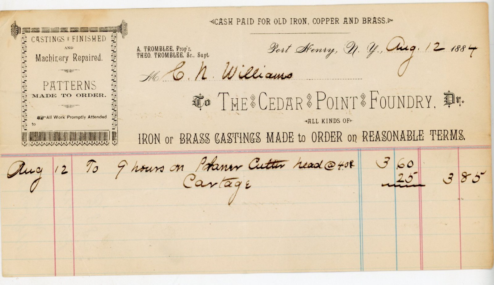 1884 Cedar Point Foundry Invoice Port Henry NY Iron Brass Casting Machinery Fix 1884 Cedar Point Foundry Invoice Port Henry NY Iron Brass Casting Machinery Fix
