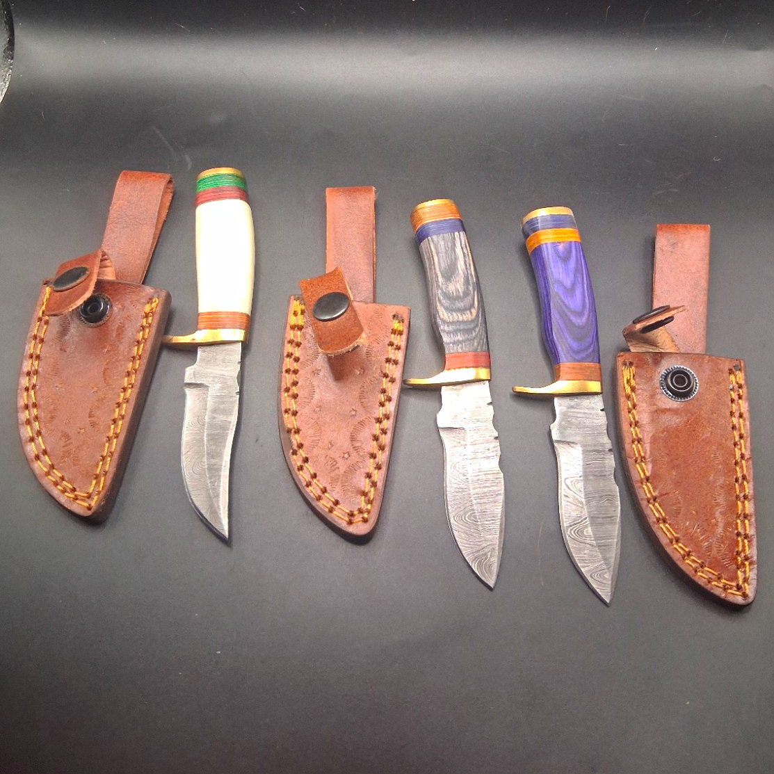 Lot of 3 Handmade Twist Damascus Steel Hunting Fixed Blade Knives LeatherSheath