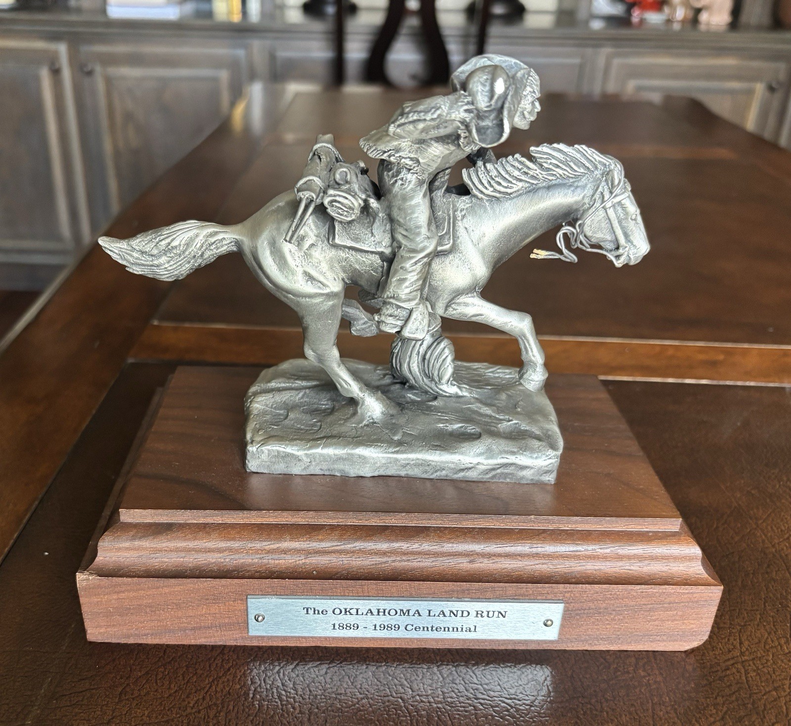 Oklahoma Land Run Centennial 1889-1999 Pewter / Wood Base