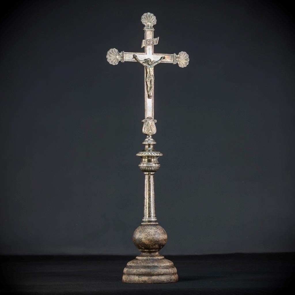 Processional Silver Plated Bronze Crucifix | 1700s Antique Church Cross | 20.1\