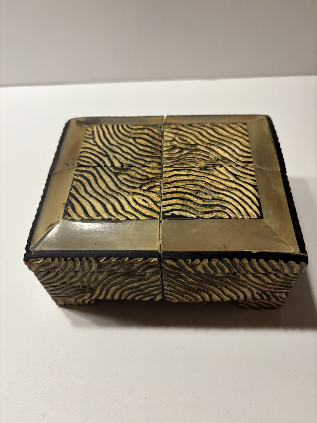 Handcrafted Wooden Keepsake Box Carved Texture Horn Brass Inlay Trinket Storage