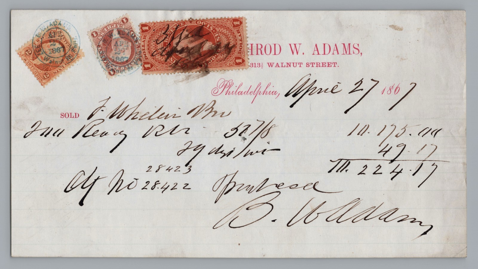 1867 Philadelphia Financial Receipt Civil War US Revenue Stamps Signed B W Adams