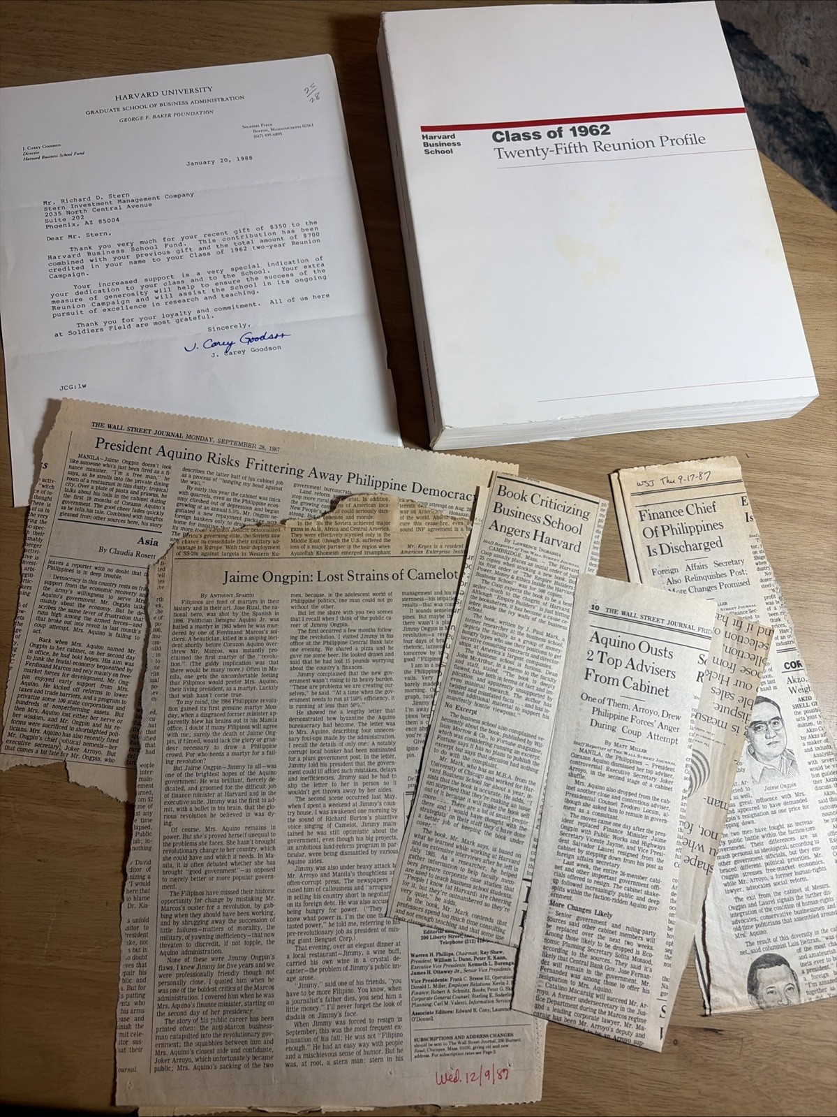 1987 Harvard Business School Class of 1962 Reunion Profile Signed Letter HBS