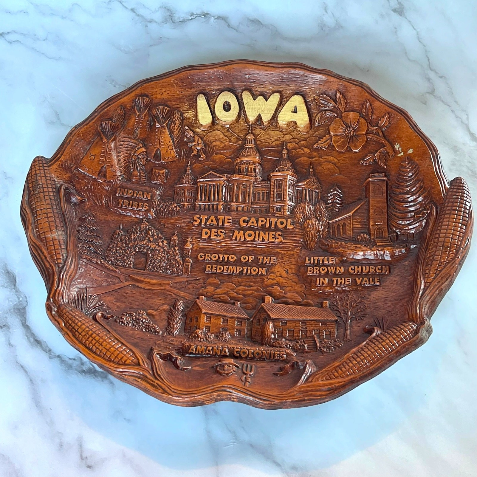 Vintage Lugene's Inc Iowa Souvenir Faux Wood Resin Bowl Wall Plaque 11.5