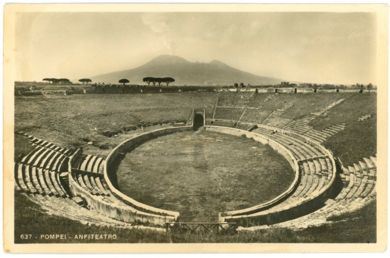 Pompeii Italy Amphitheatre & Mt Vesuvius RPPC Real Photo Postcard 1942 Unused