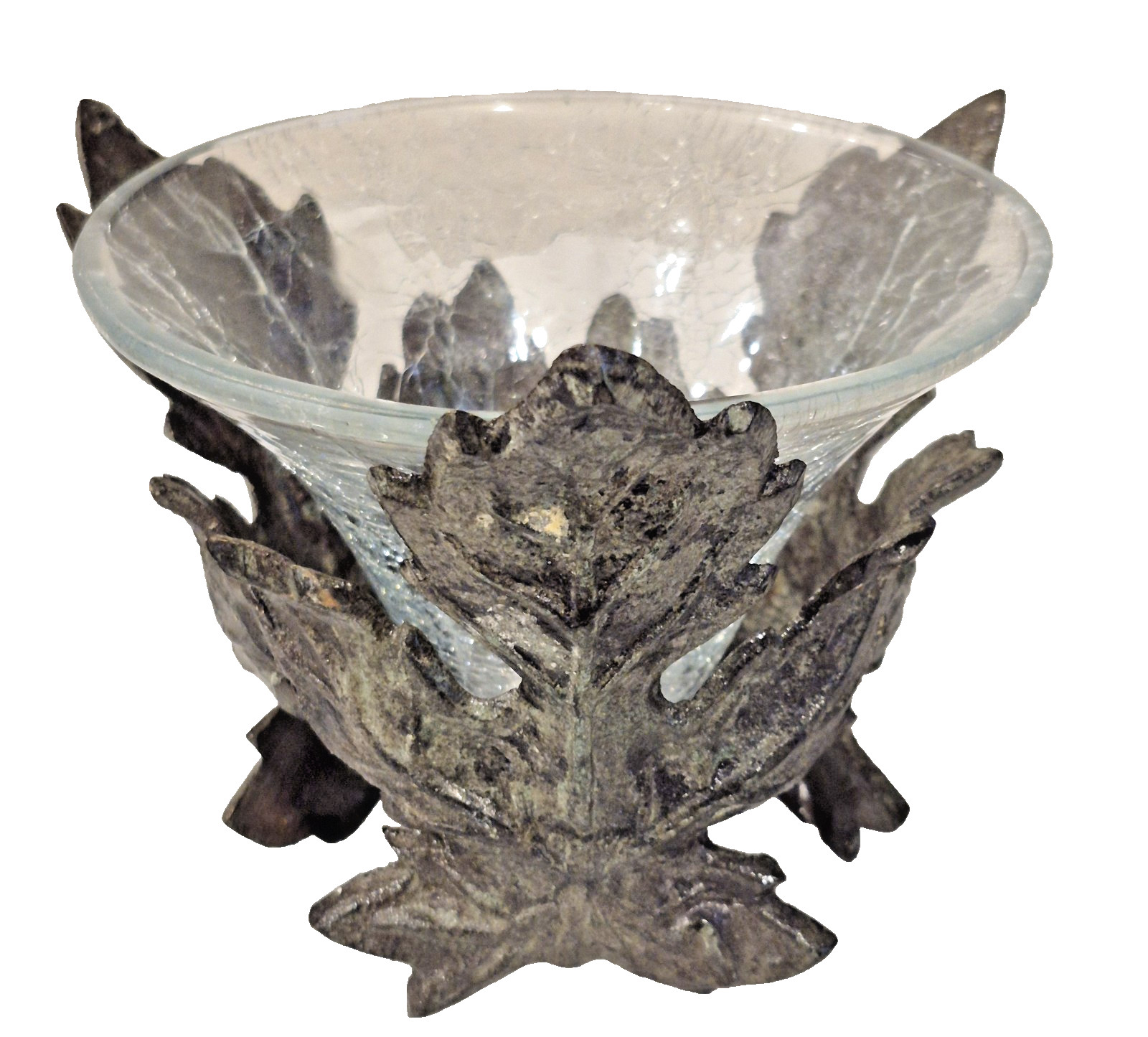 Vintage Crackle Glass Dish and Metal Leaf Holder/Potpourri or Candle Holder Vintage Crackle Glass Dish and Metal Leaf Holder/Potpourri or Candle Holder