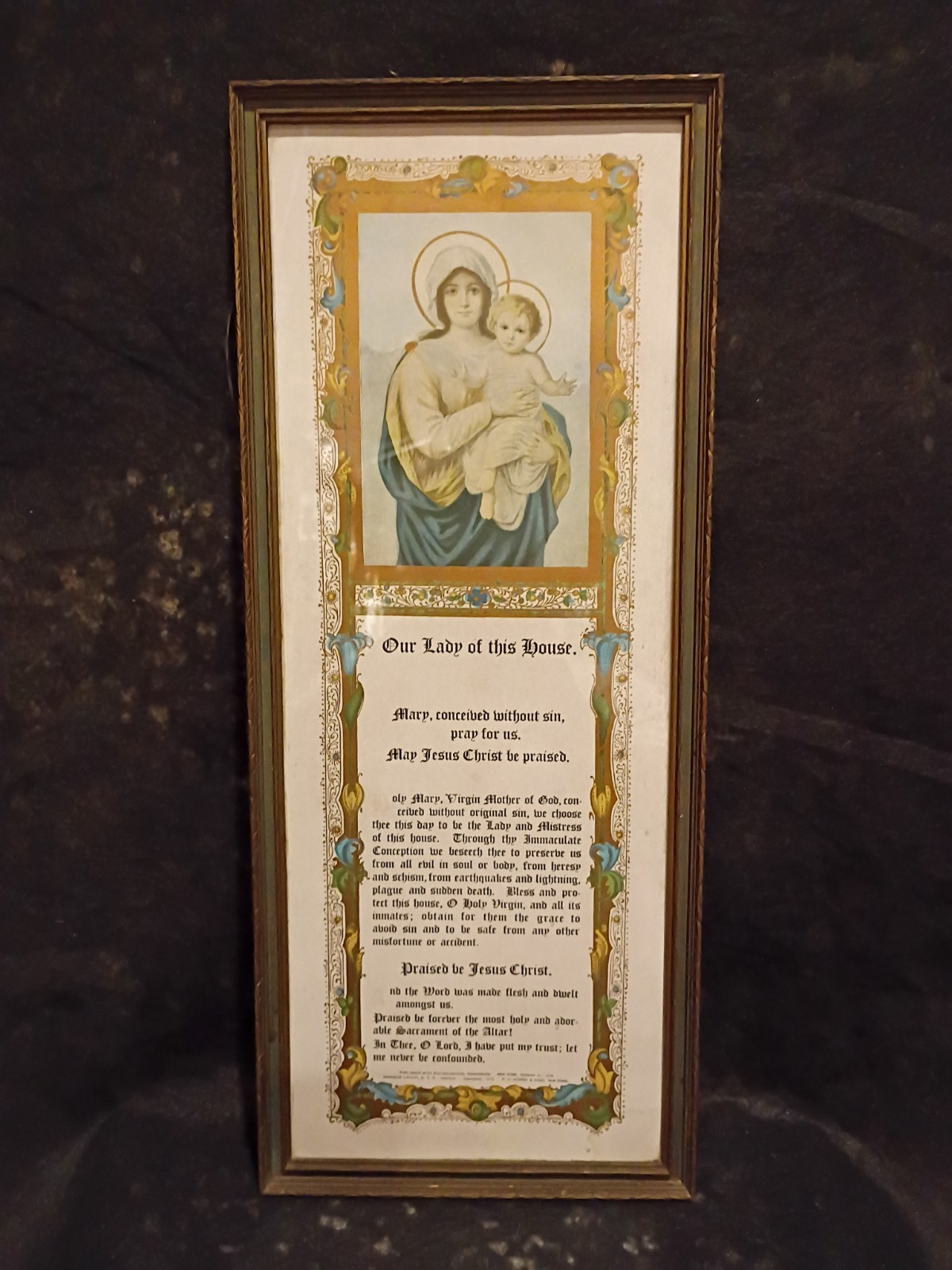 Antique P.J Kenedy & Sons, N.Y. USA 1916 Our Lady of This House Prayer Framed